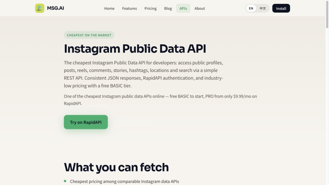 MSG.AI Instagram Public Data API page showing the free BASIC tier, low-cost positioning and RapidAPI trial link