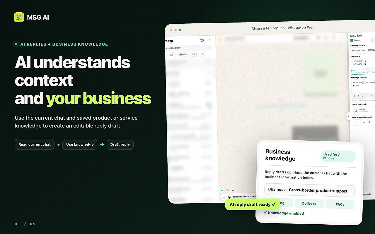 MSG.AI product visual showing AI-assisted WhatsApp replies grounded in saved business knowledge