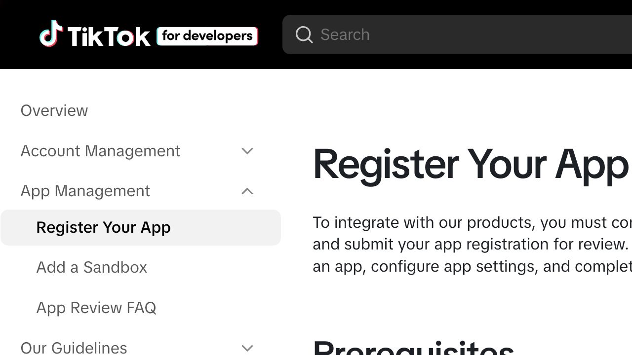 Official TikTok for Developers Register Your App documentation and App Review navigation