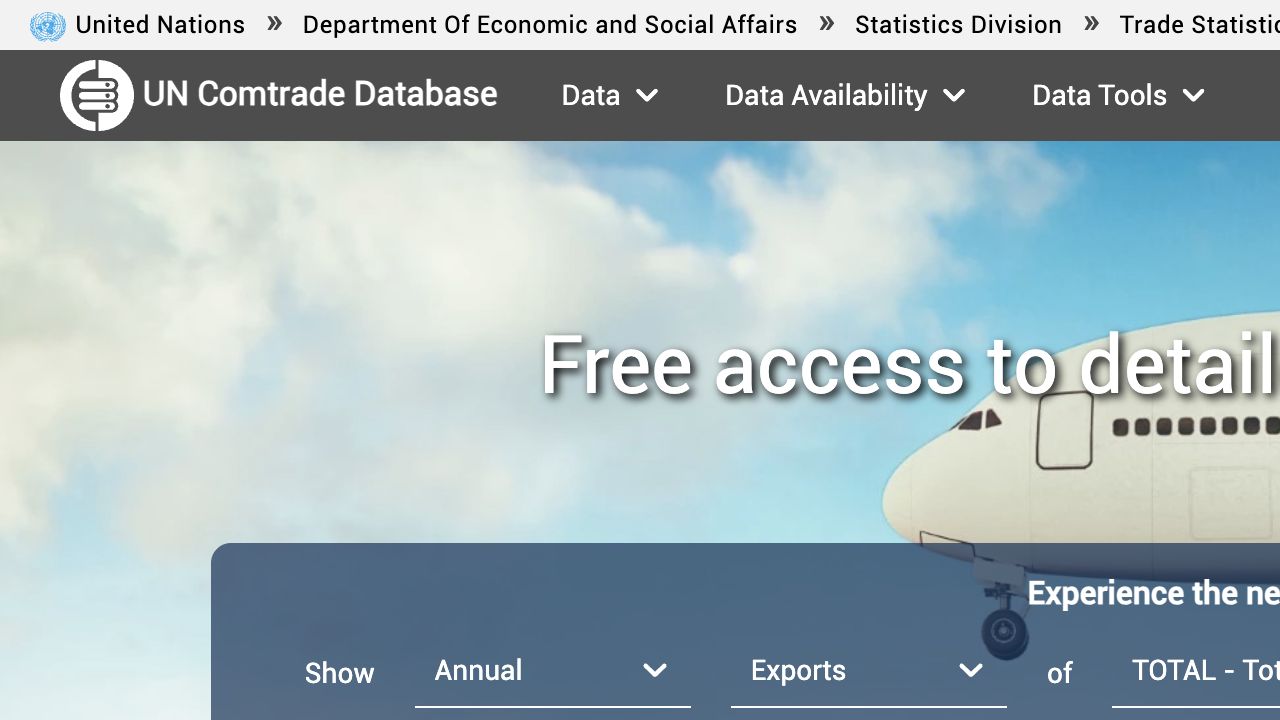 UN Comtrade Database homepage with Quick Search for annual exports, commodity, origin, destination and year